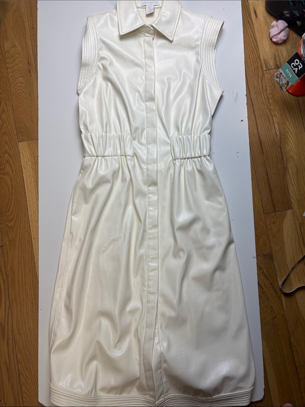 House of Harlow 1960 Ivory‎ Faux Leather Sleeveless Midi Shirt Dress